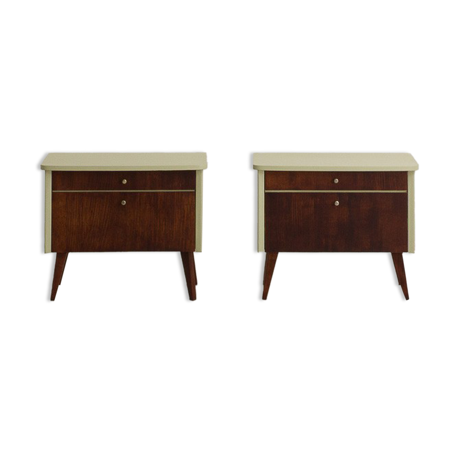 Pair of vintage bedside tables completely restyled in pale green on solid beech compass legs