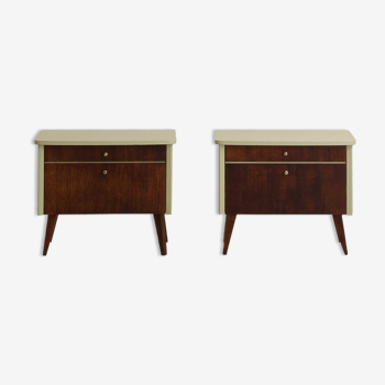 Pair of vintage bedside tables completely restyled in pale green on solid beech compass legs