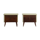 Pair of vintage bedside tables completely restyled in pale green on solid beech compass legs