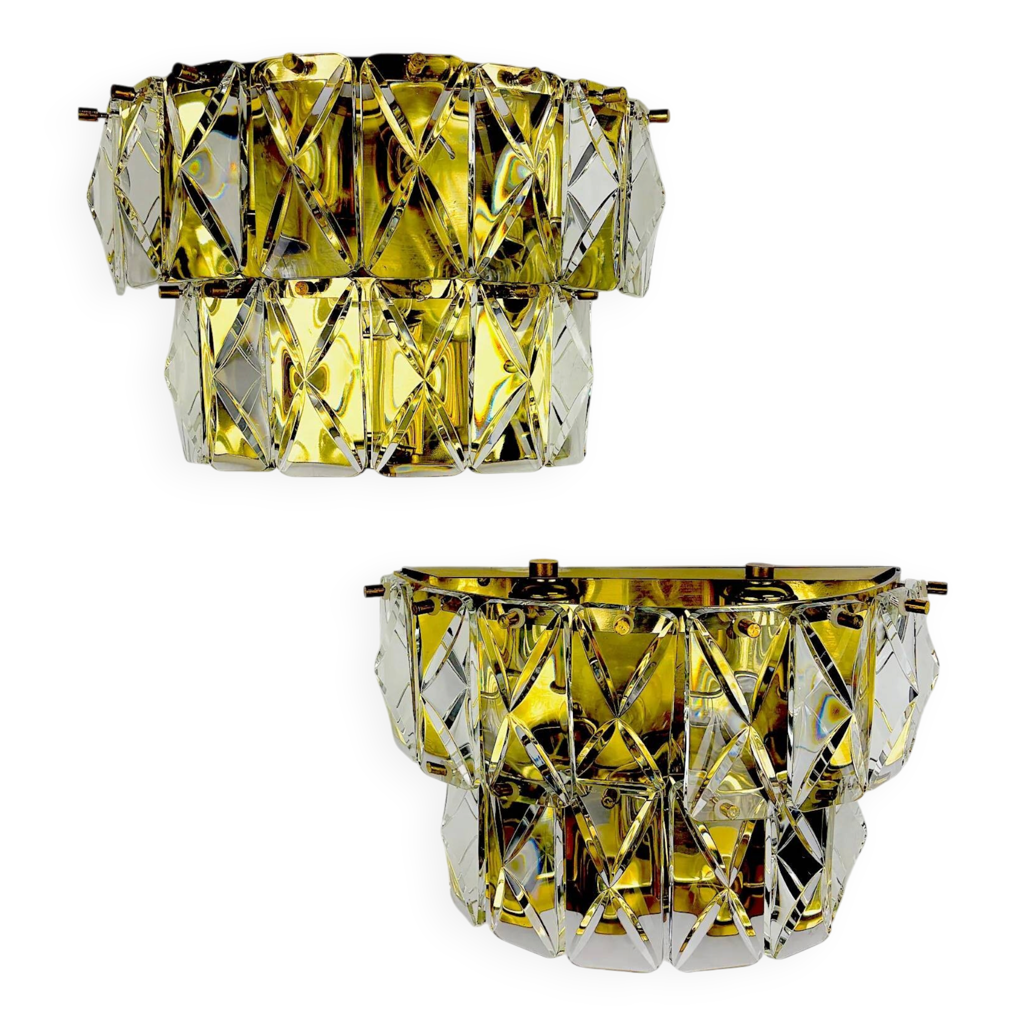 Pair of Kinkeldey 2-tier cut crystal wall sconces, gilt brass, Germany, 1970s