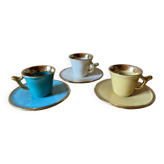 3 tasses à expresso et leurs soucoupes, porcelaine de Limoges, modèle Magdalithe, années 1950