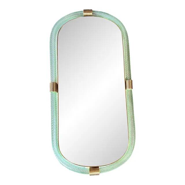 Italian Mirror in Green Water Torchon Torciglione Murano Glass by Simoeng