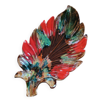 Large Vallauris leaf-shaped dish – polychrome enamel – year