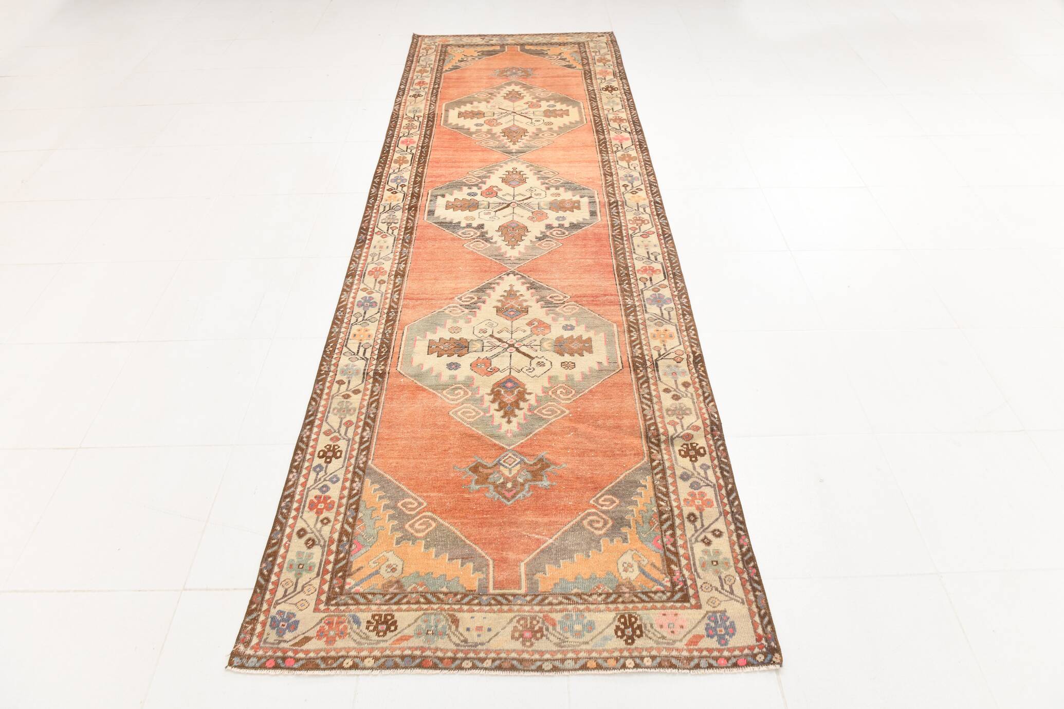 3x11 Red & Beige Oriental Vintage Runner Rug, 107x336Cm