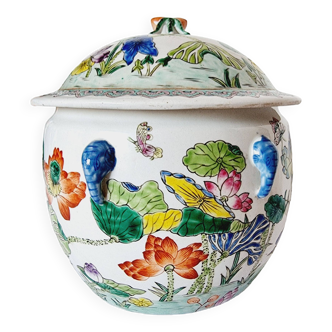 Pot à gingembre antique en porcelaine de chine à décor floral ornemental et 4 têtes d'éléphants