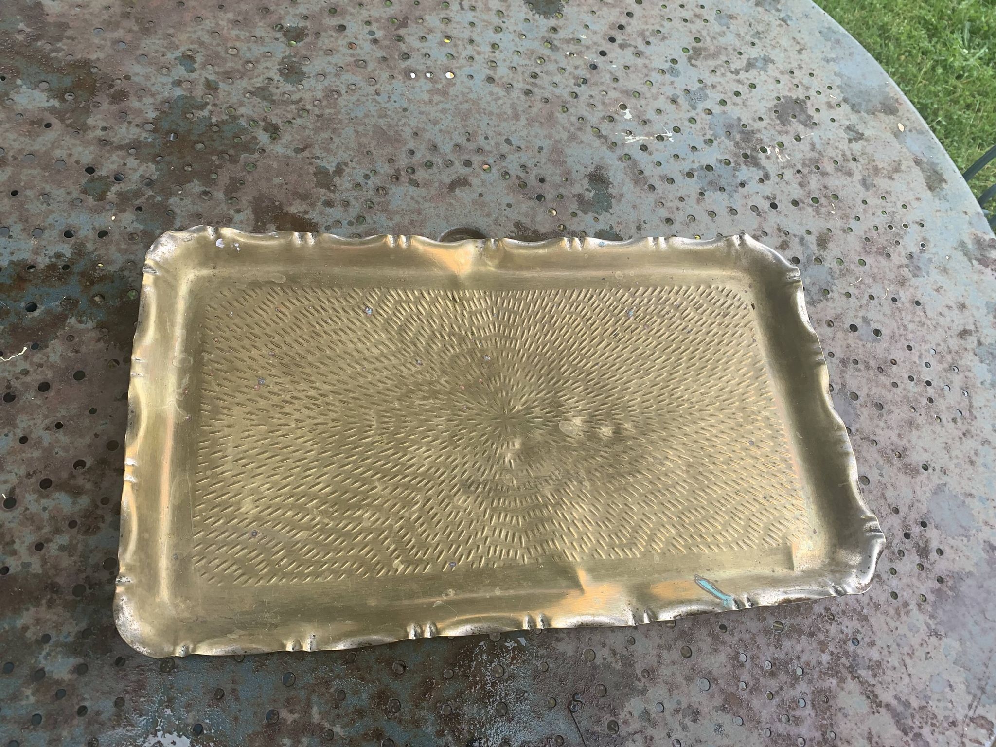 Large rectangular tray in vintage, artisanal and oriental hammered metal