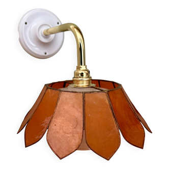 Vintage angled wall lamp with mother-of-pearl lampshade and vintage tulip in white glass