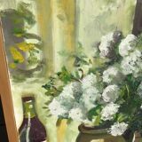 Canvas bouquet camaïeu of green signed Bourrat frame raw wood