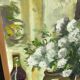 Toile bouquet camaïeu de vert signé Bourrat cadre bois brut