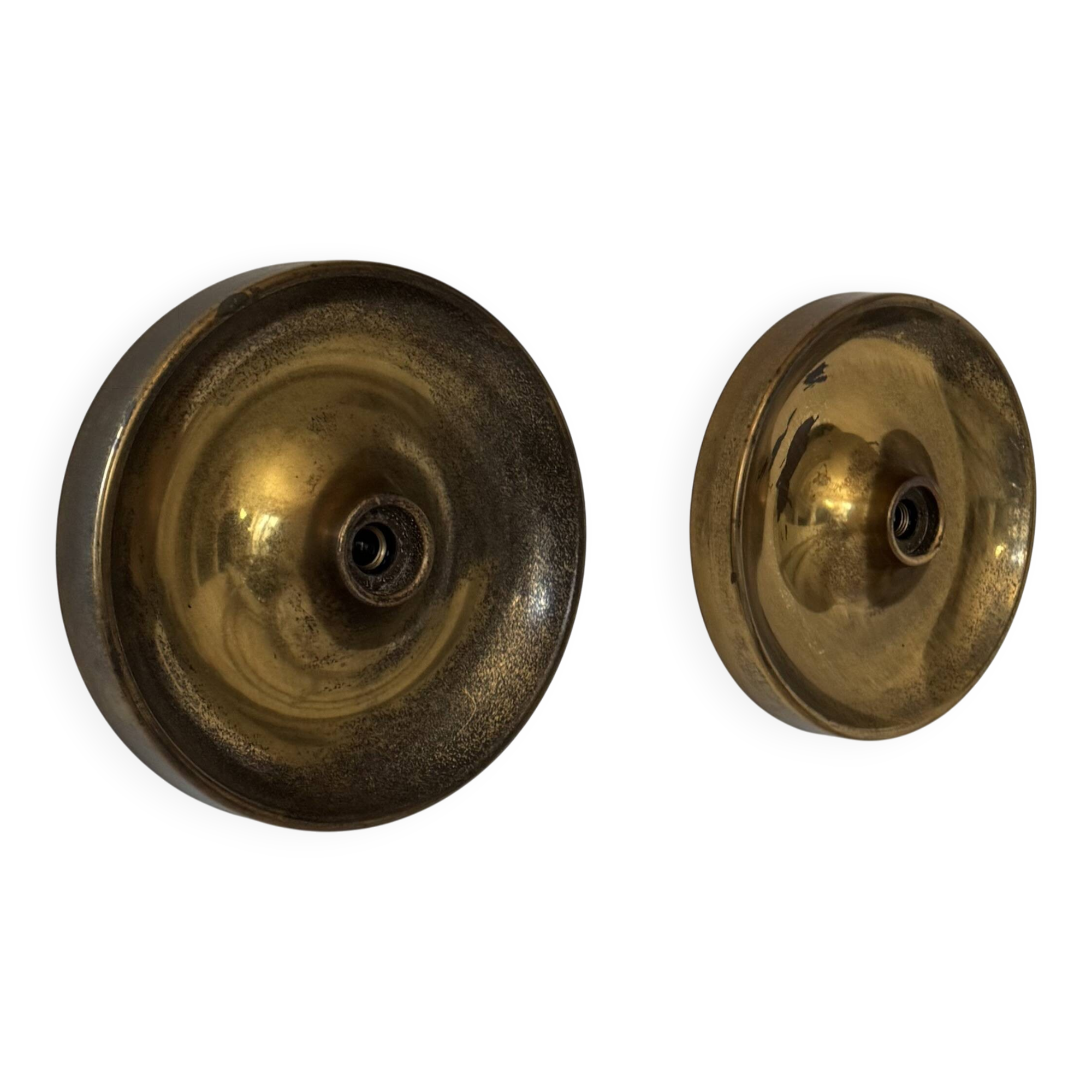 Vintage "disc" wall sconces, patinated brass, Italy 1970.