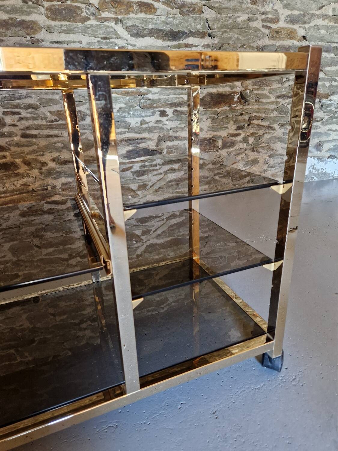 70s glass TV cabinet shelf console