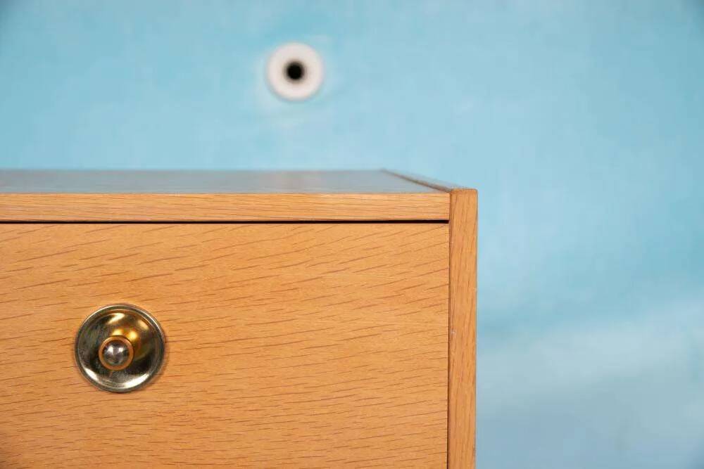 Scandinavian minimalist blonde oak chest, mid-century modern chest.