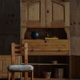 Old Danish secretary in pine with drop-down front and upper cabinet, mid-19th century.