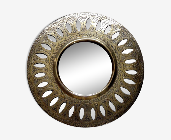Ancien miroir oriental rond en laiton ciselé 29cm