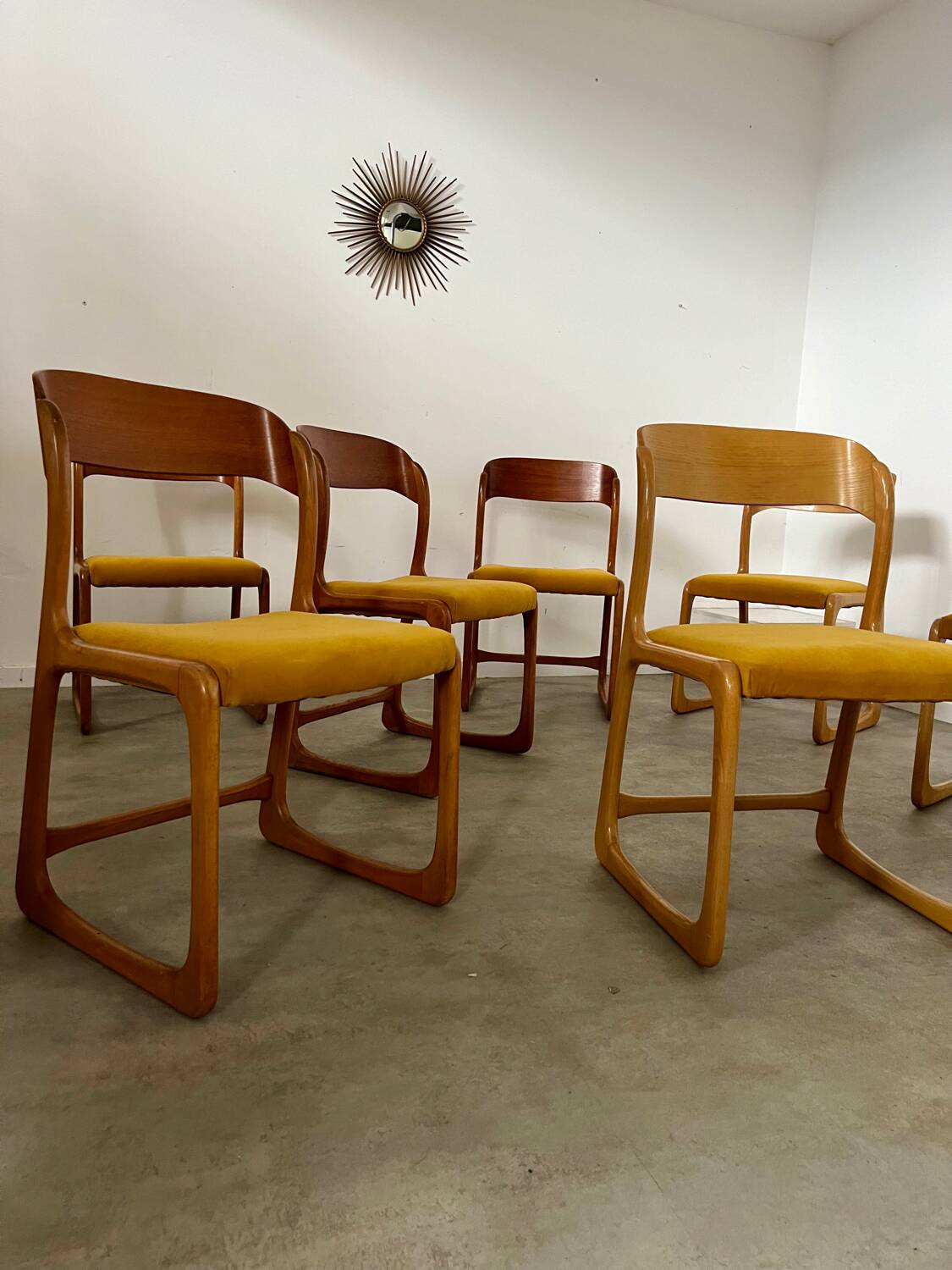 Set of 7 Baumann sled chairs in wood and mustard yellow fabric, 1960s