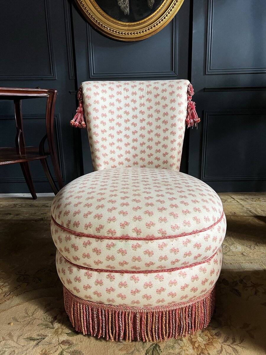 Napoleon III Style Armchair and Pouf with Pink Bow Decor