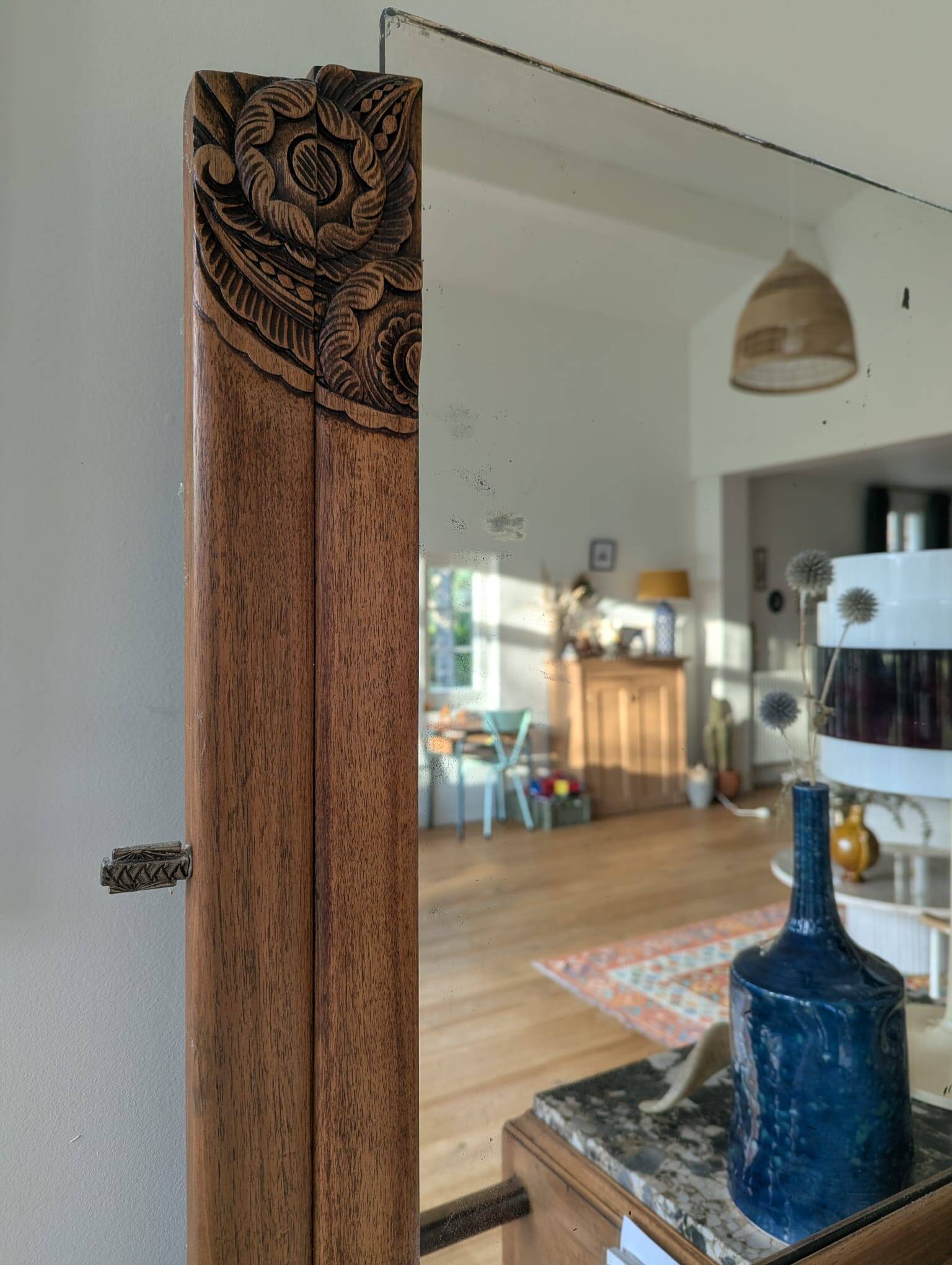 Art Deco wooden furniture with a swivelling mirror and marble top.