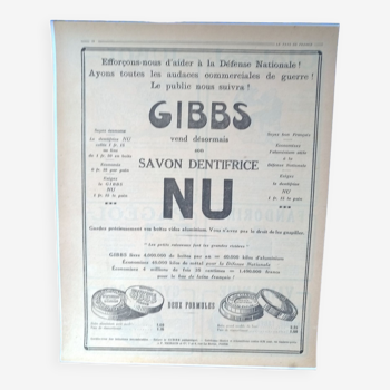 Une publicité produits pharmaceutiques savon Gibbs issue revue des années 1920