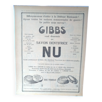 Une publicité produits pharmaceutiques savon Gibbs issue revue des années 1920