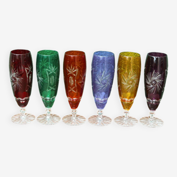 Set of 6 colorful bohemian crystal champagne flutes