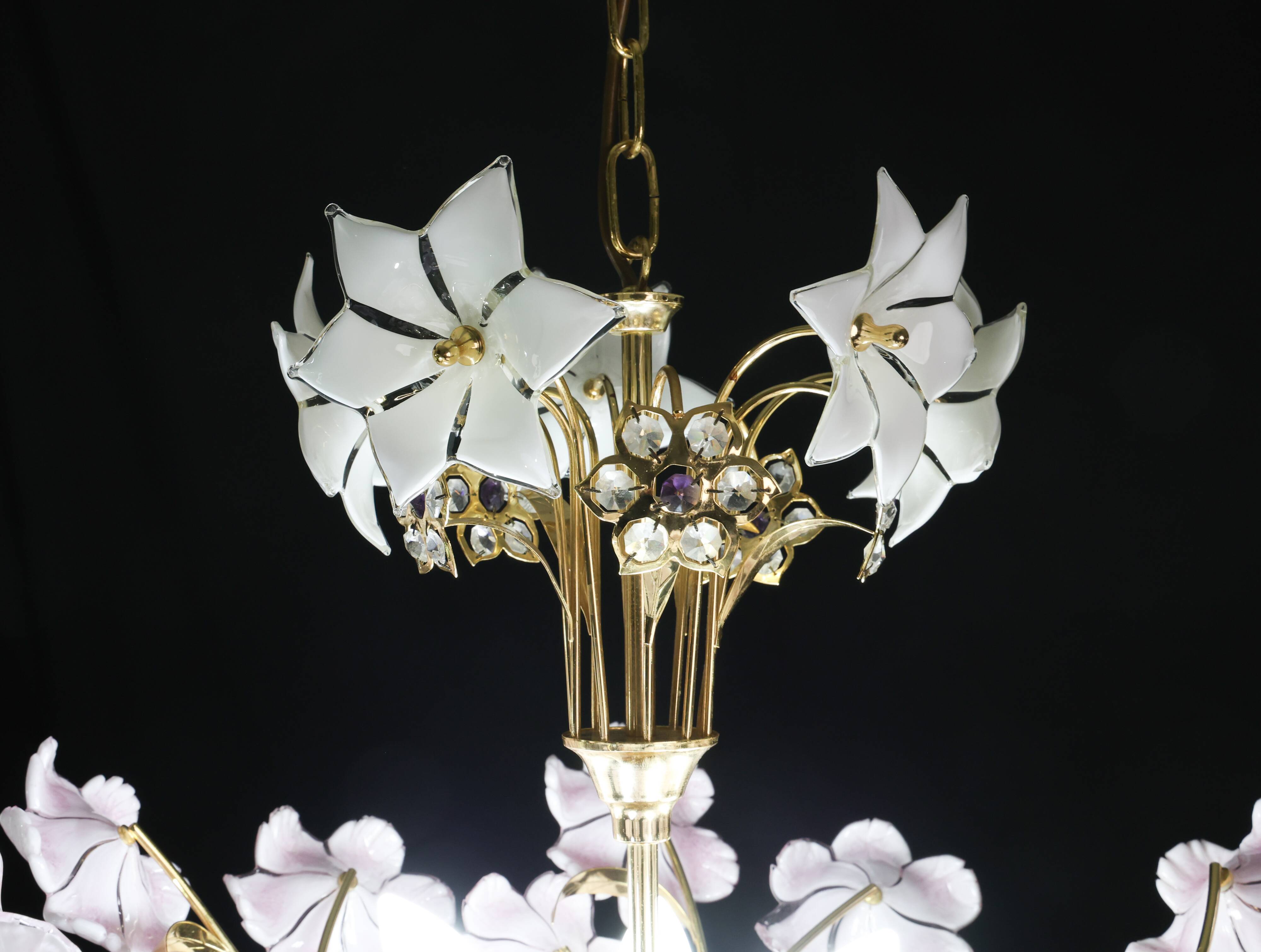 Charming Murano Vintage Chandelier White and Pink Flowers