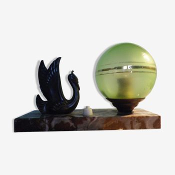 Lampe à poser, art déco, opaline, marbre, métal patiné bronze, années 30/40