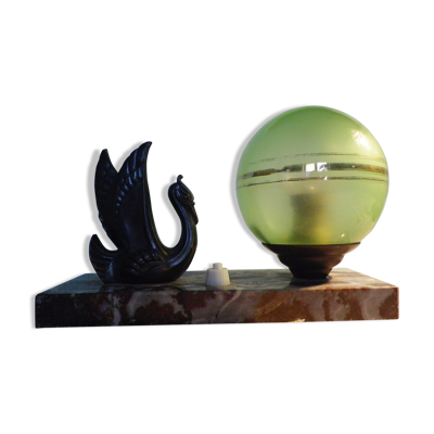 Lampe à poser, art déco, opaline, marbre, métal patiné bronze, années 30/40