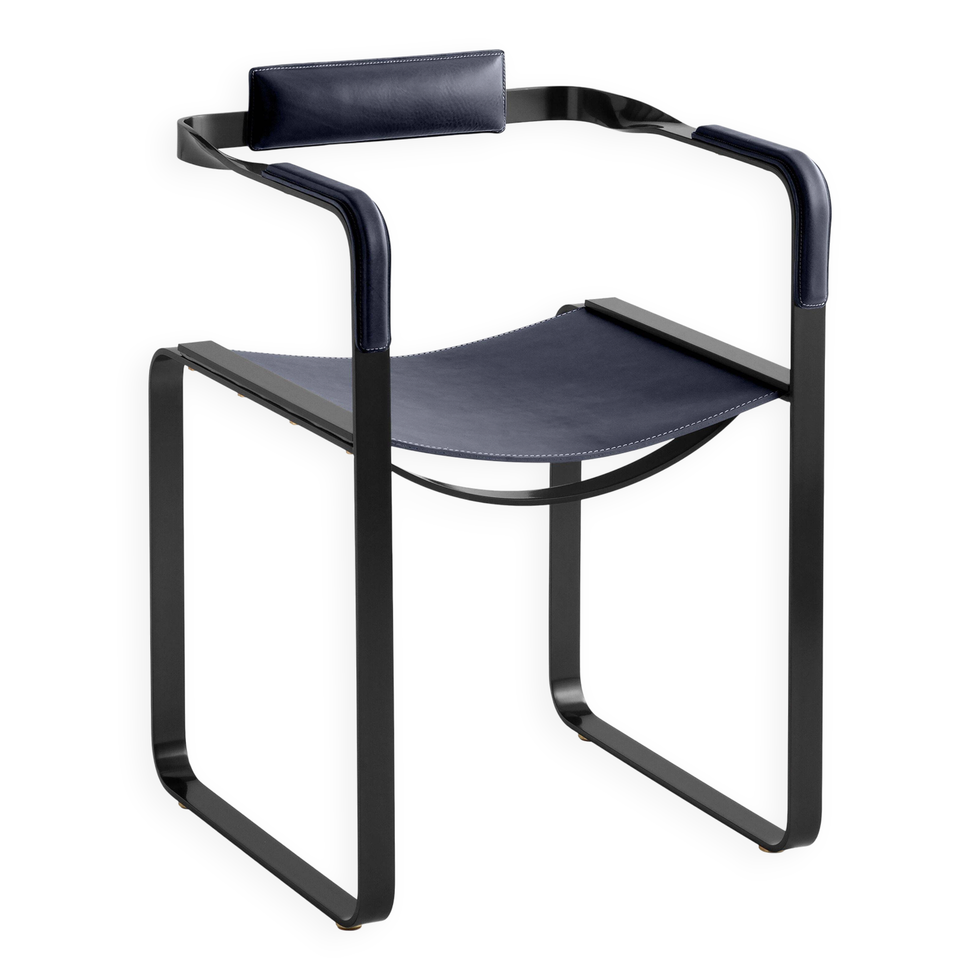 Armchair, smoked black steel and navy blue leather, contemporary style.