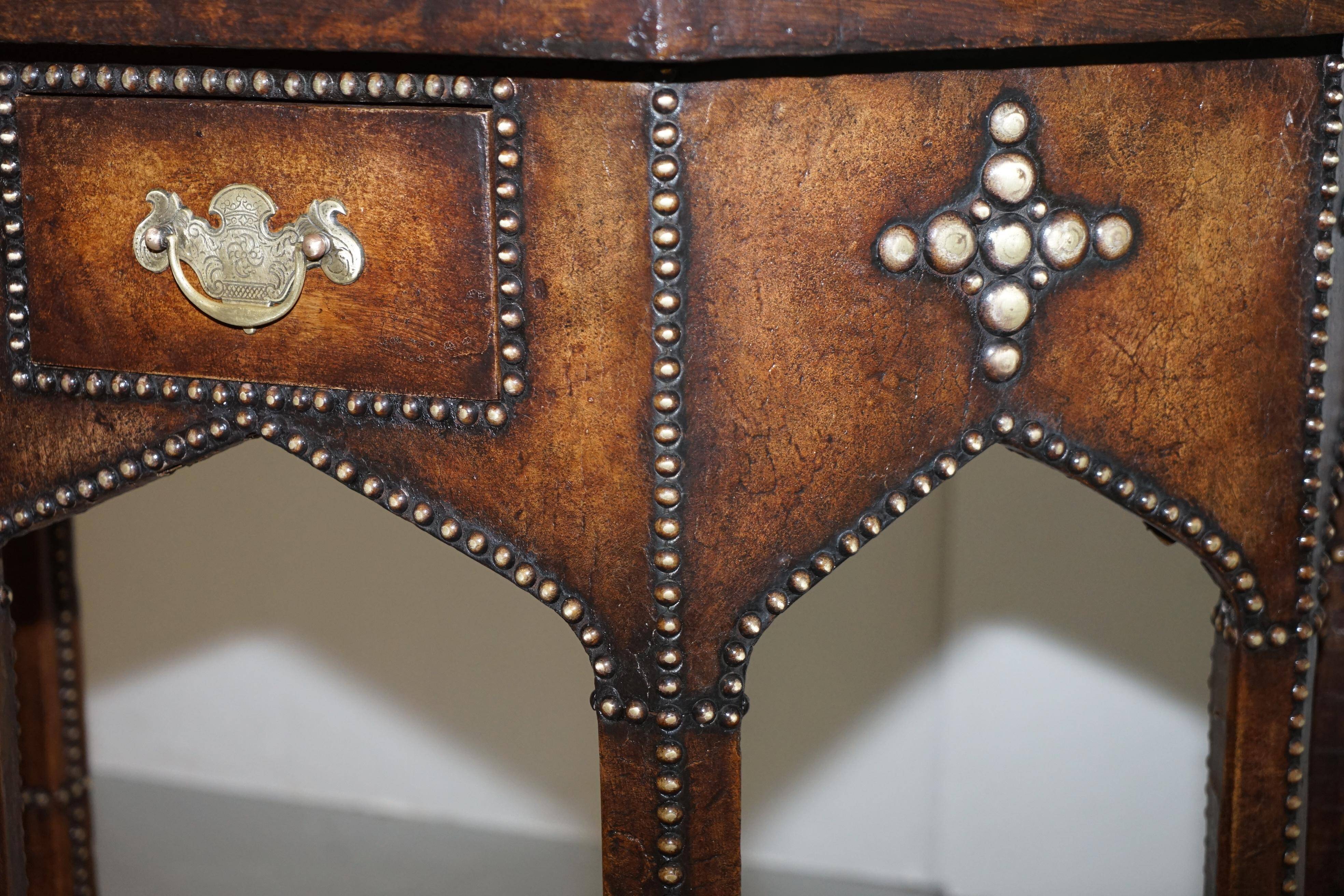 Antique Leather Studded Console Table in Gothic Pugin Style Restored