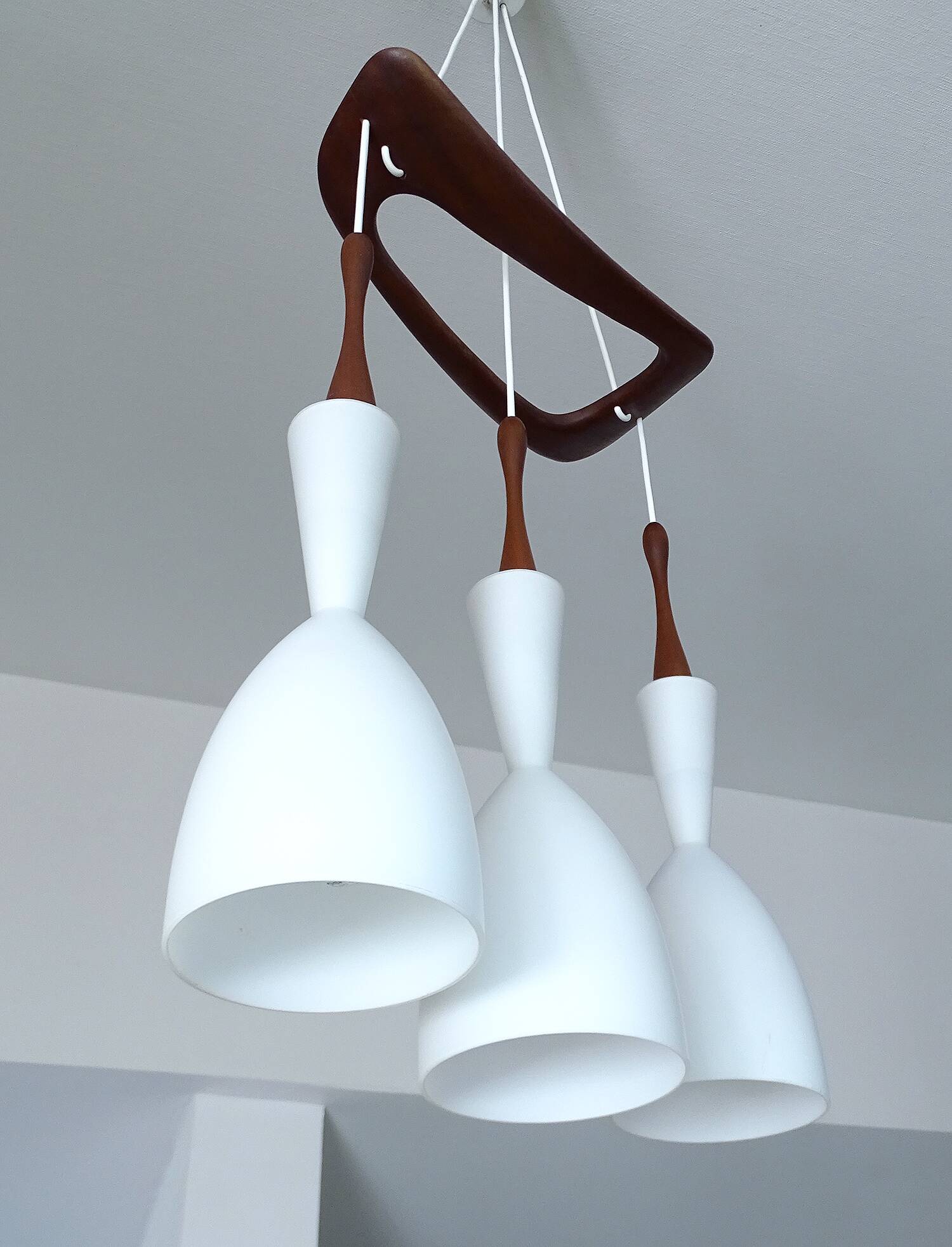 Large Scandinavian Pendant Light, Teak Wood and Glass