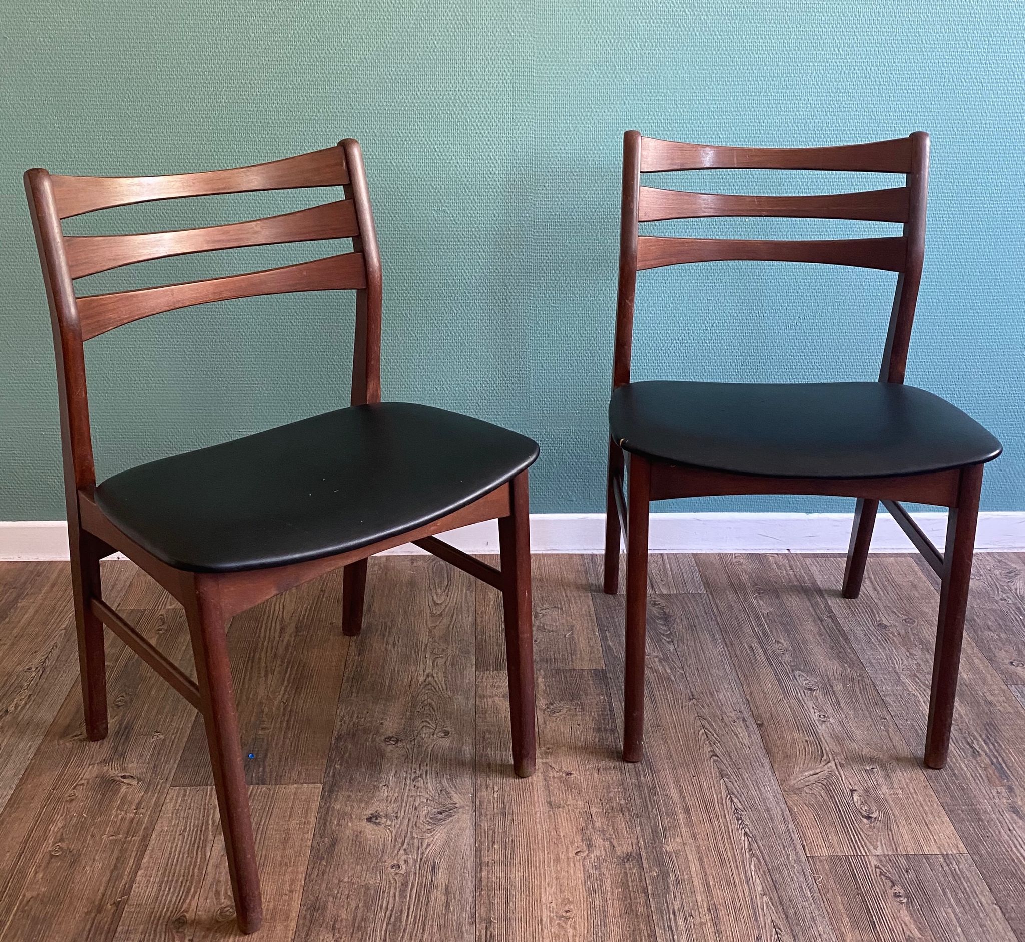 Pair of beech chairs with black skai trim Faldsled, Denmark 1970
