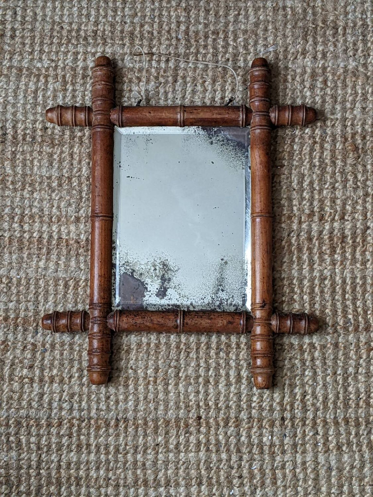 Wooden mirror in bamboo style, 1950s country decor.
