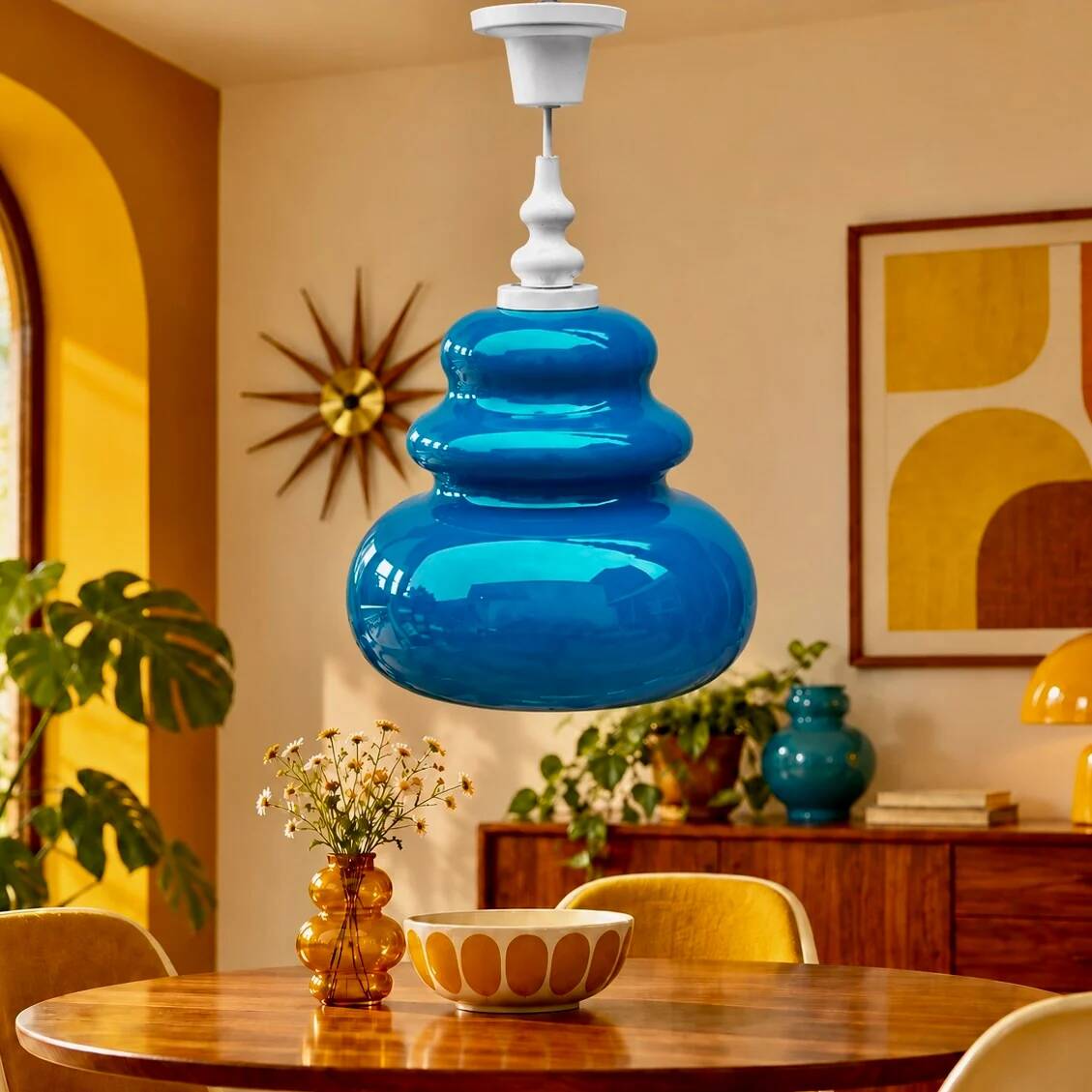 Turquoise glass and painted white wood pendant – 1970s