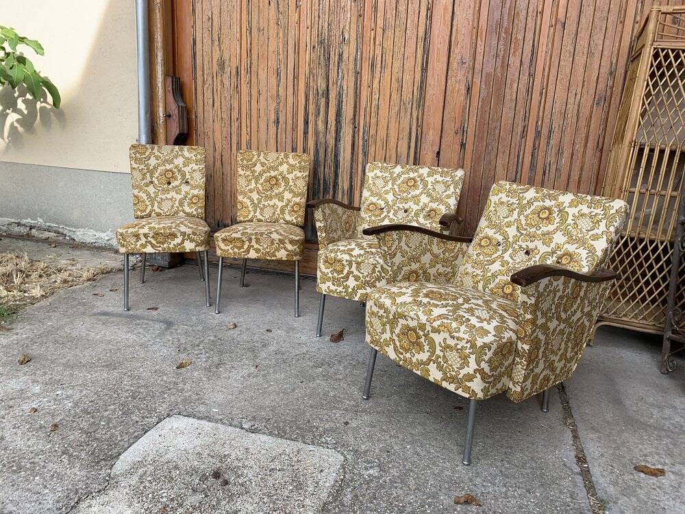 Set of 4 Bauhaus brown club armchairs in chrome steel and wood, 1940s.