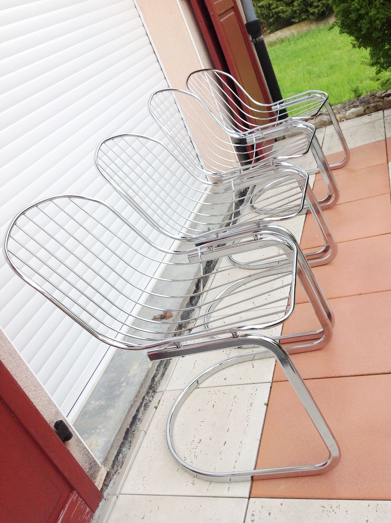 Set of four chrome metal wired chairs by Gastone Rinaldi / vintage 70s