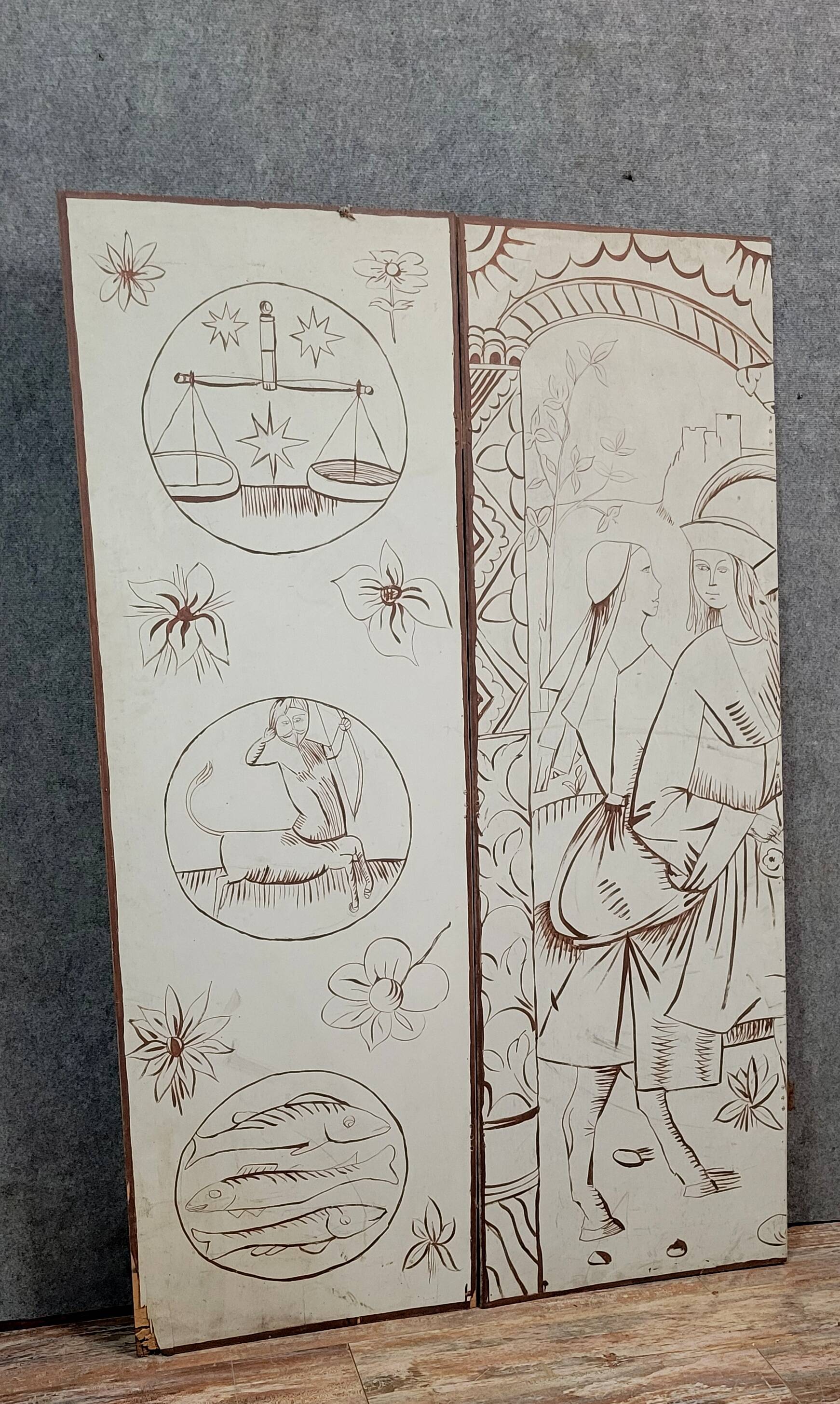 Two-leaf screen depicting a historical figure and symbols