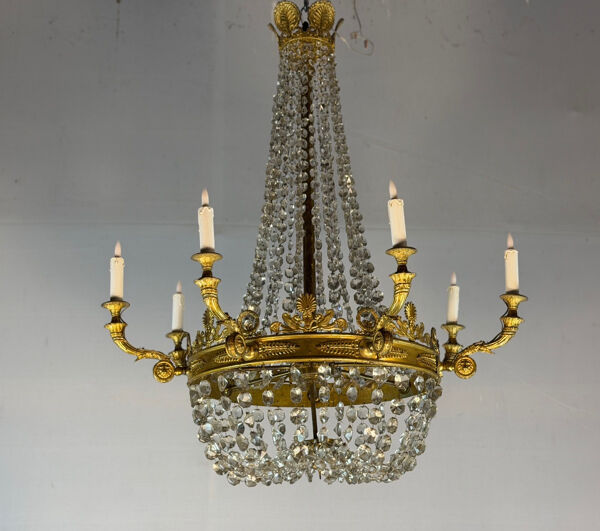 Lustre sac de perles de style Empire en bronze doré, vers 1880