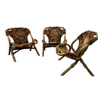 Lot de trois fauteuils en bambou 1960