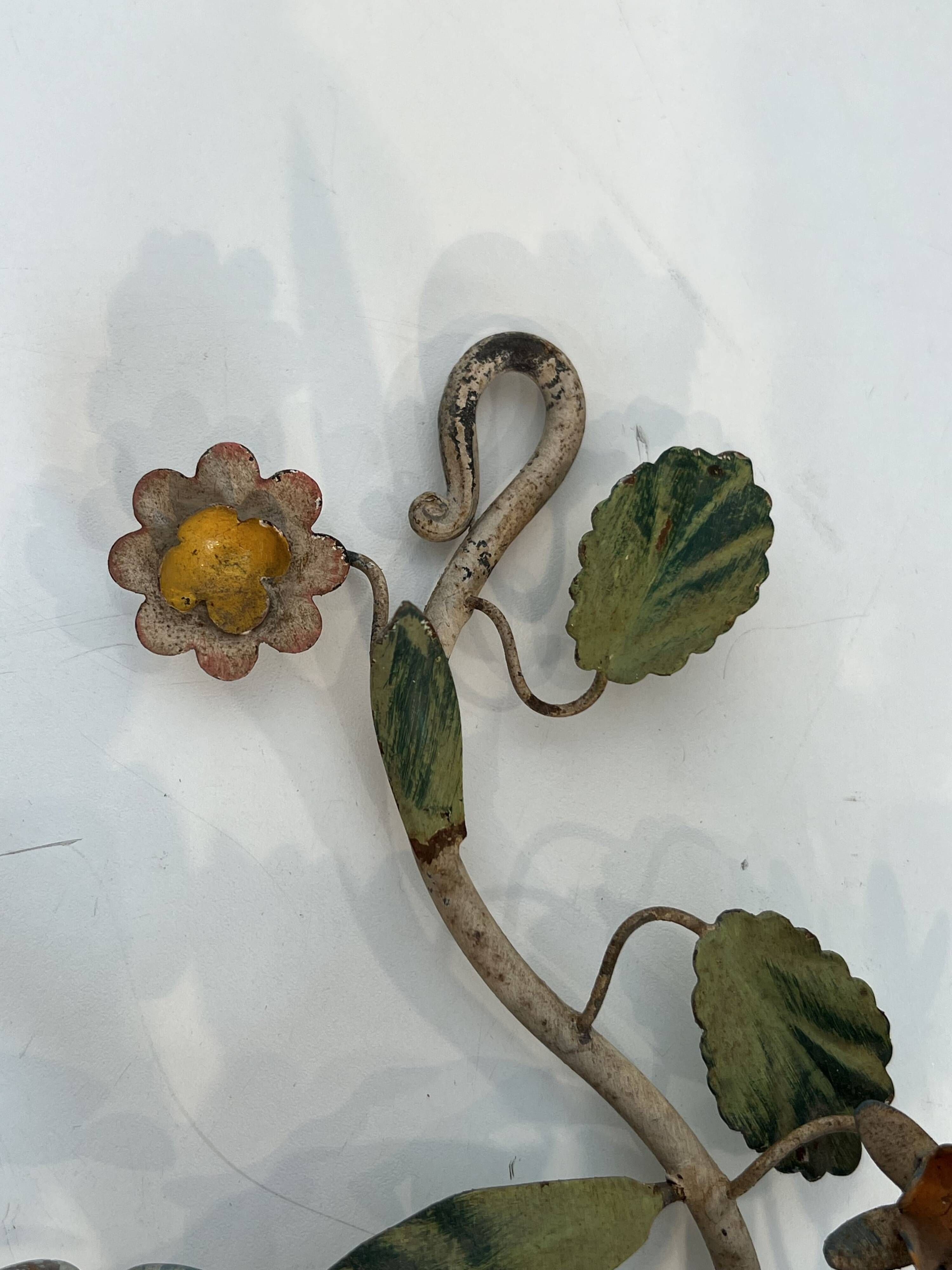 Pair of Wall Lights with Floral Basket in Painted Sheet Metal. Italian Work. Circa 19.