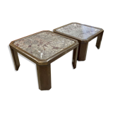 Pair of coffee tables in oak and fossil stone