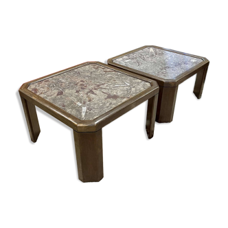 Pair of coffee tables in oak and fossil stone