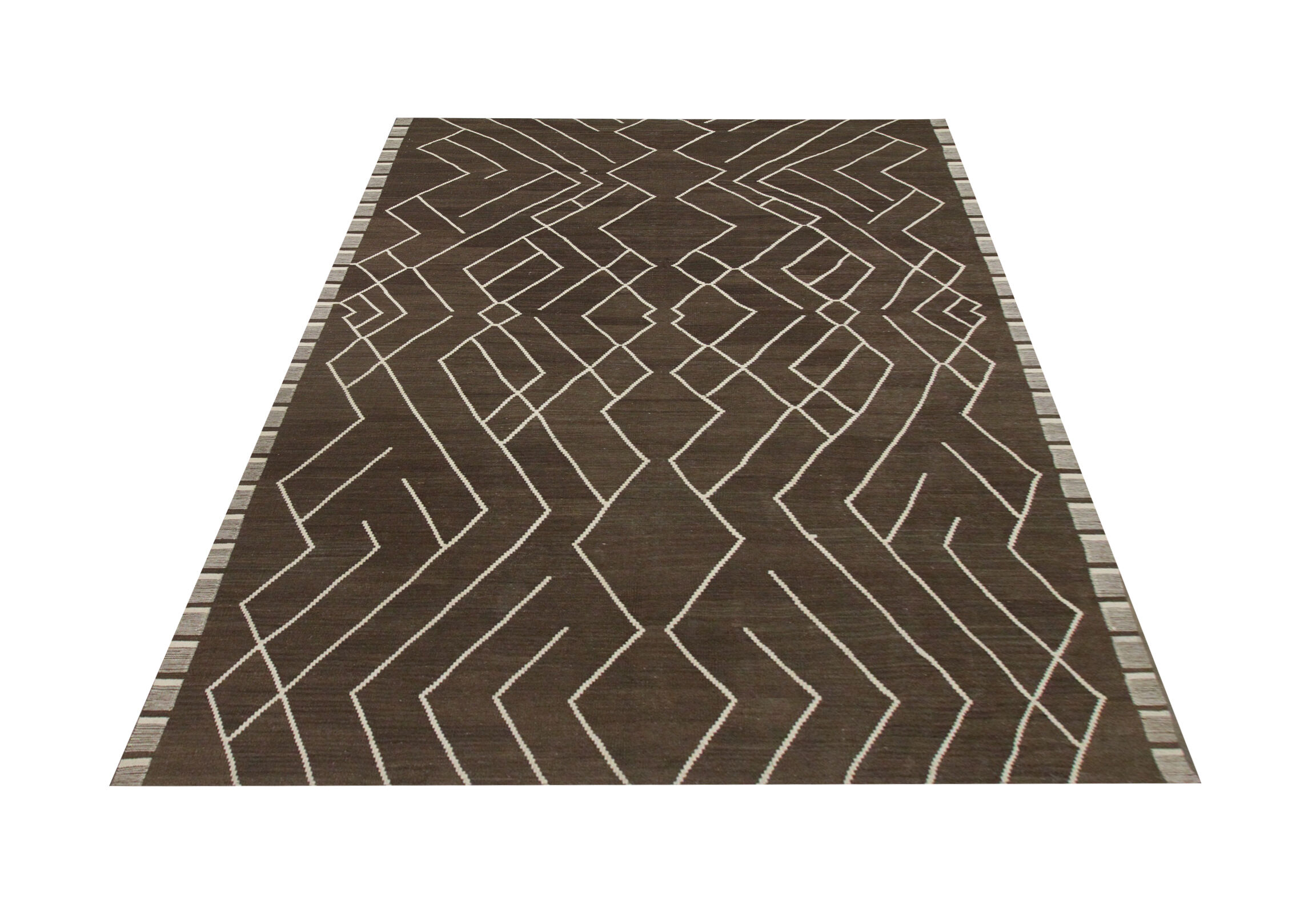 Brown cream wool kilim handmade flatwoven contemporary area rug- 218x301