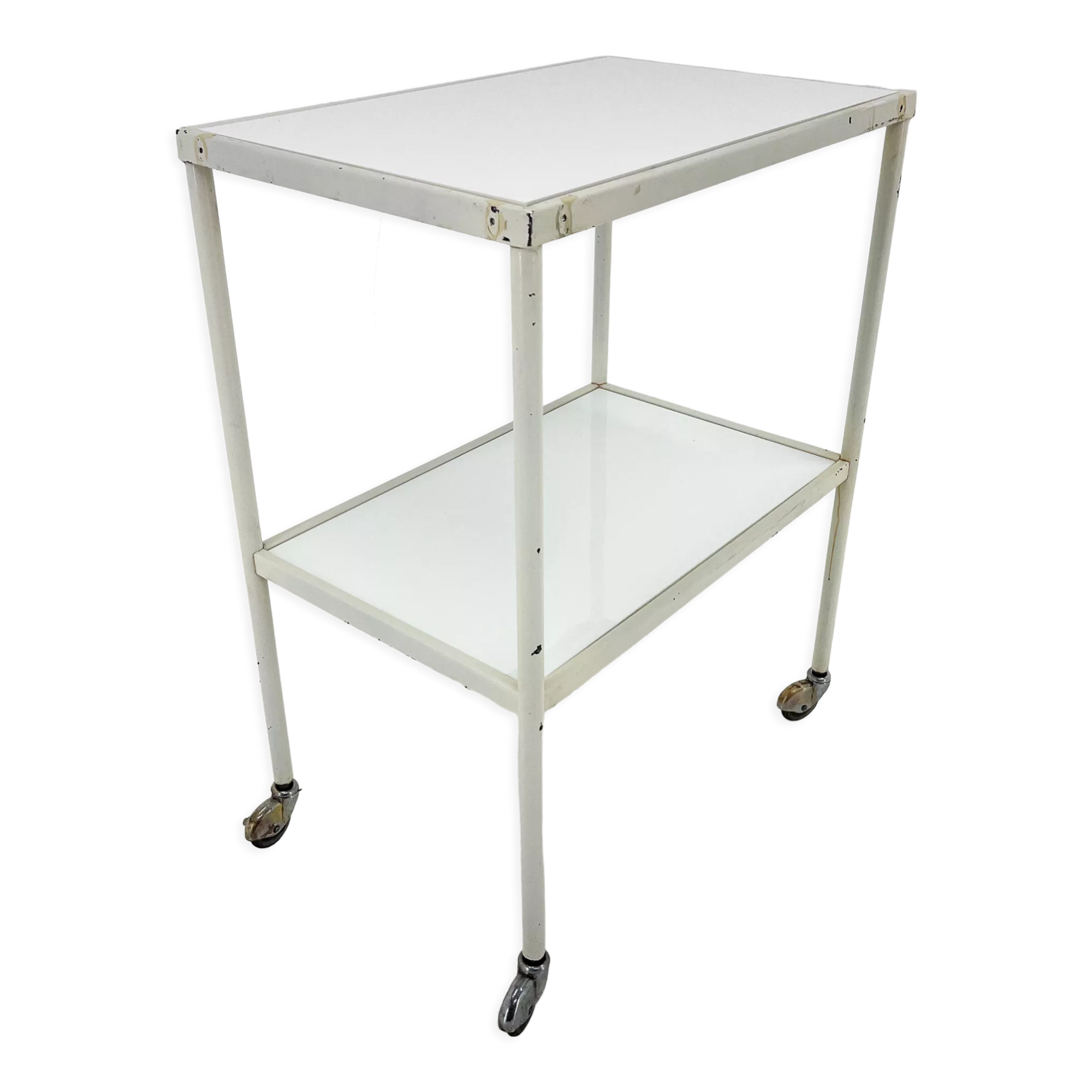 1950's hospital table, trolley on wheels with opaxite glass