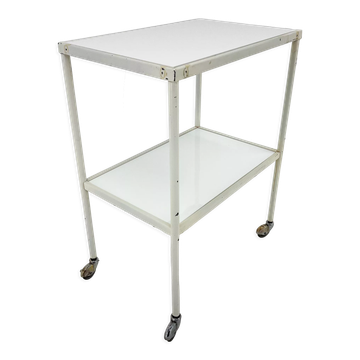 Table d’hôpital, chariot sur roues des années 1950 avec verre opaxite