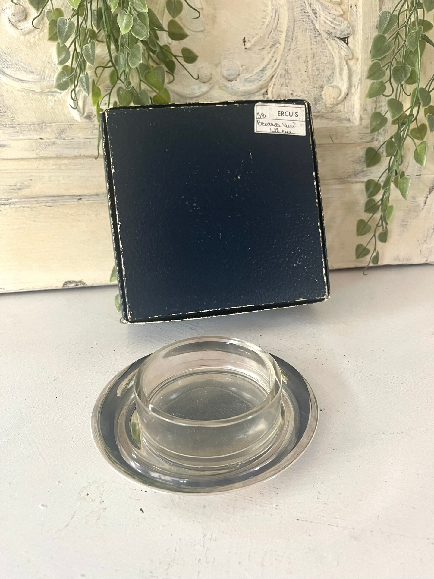 Silver plated butter dish with crystal insert by Ercuis, original box