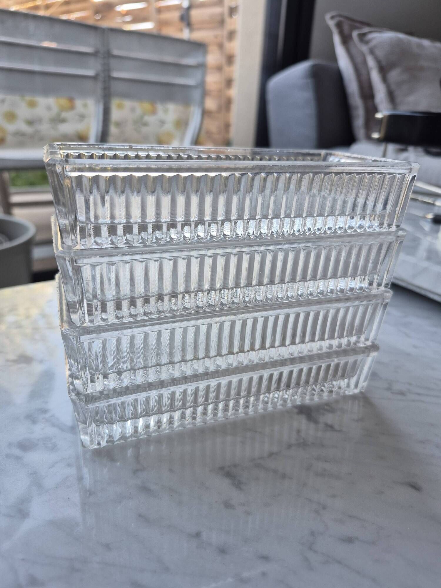 Set of 4 small bevelled and striped vintage glass trays / catchalls.