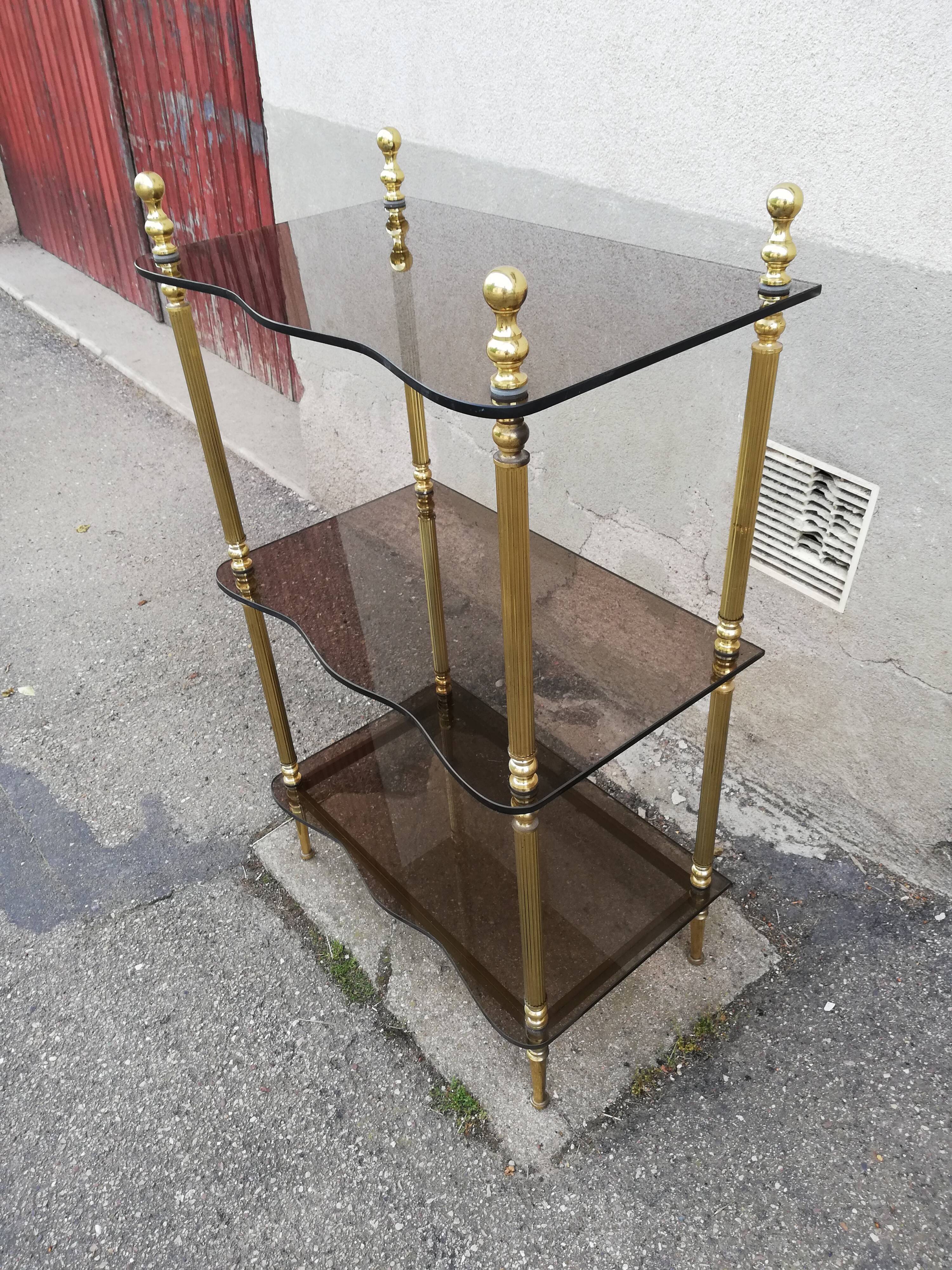 Shelf vintage brass 3 trays smoked glass