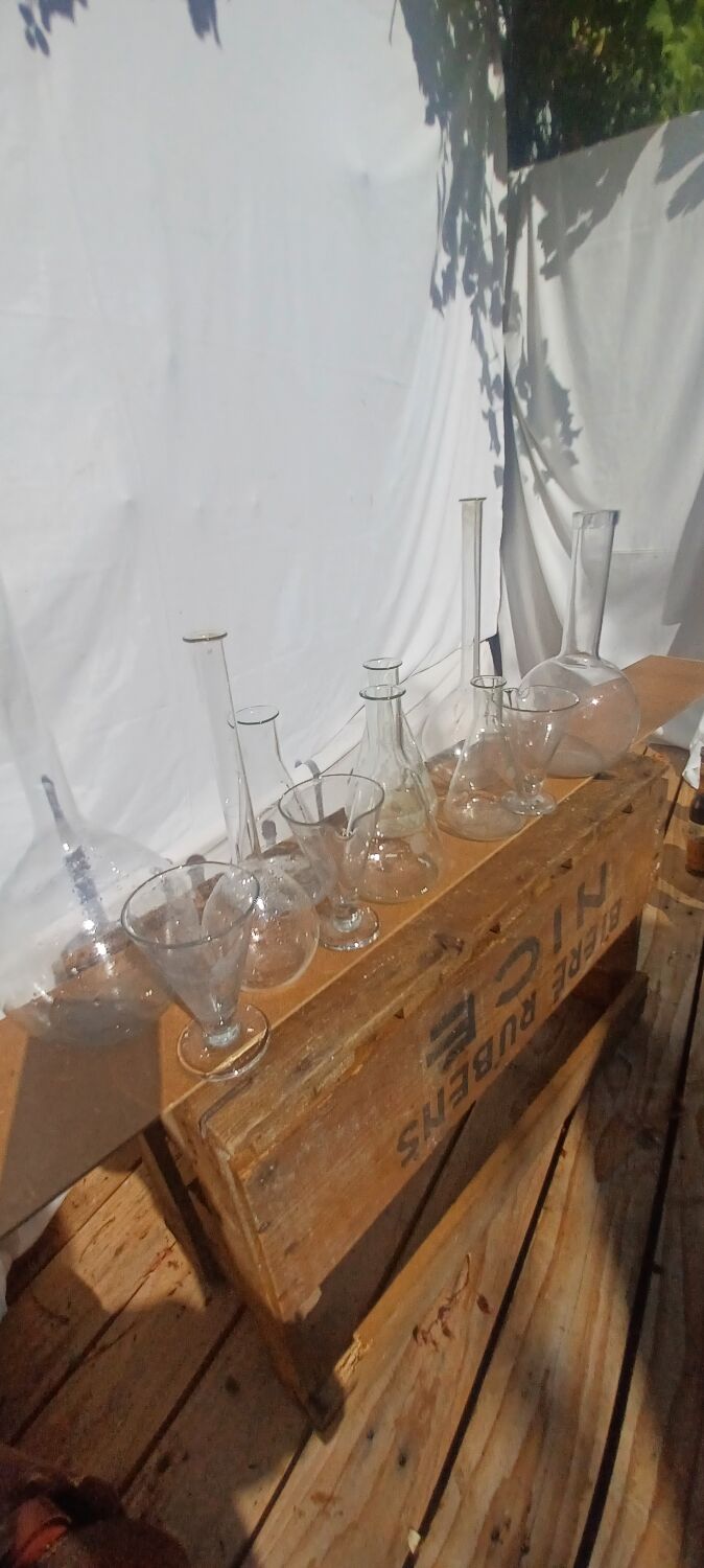 Lot of old soliflore vases chemistry laboratory equipment