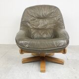 Brutalist oak and leather swivel chair, 1970s