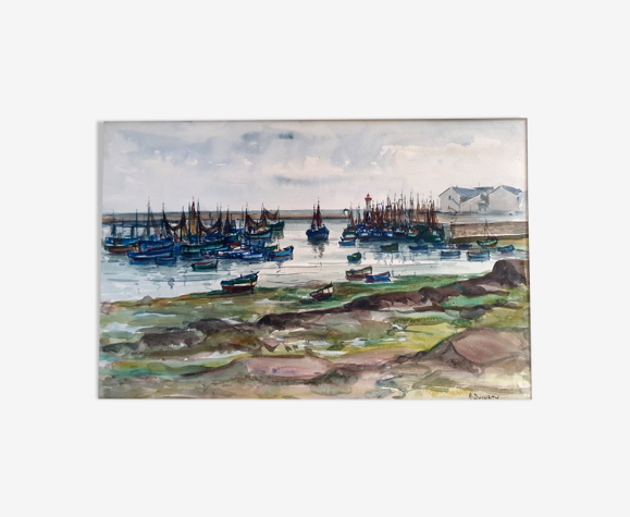 Aquarelle sur papier "Port, Le Guilvinec, Finistère" Signée en bas, André Duculty (1912-1990)